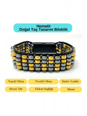 Sertifikalı Hematit Doğal Taş Tasarım Erkek Bileklik Gold ve Siyah Renk 2li Dizim