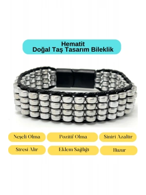 Sertifikalı Hematit Doğal Taş Tasarım Erkek Bileklik Gümüş Renk