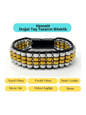 Sertifikalı Hematit Doğal Taş Tasarım Erkek Bileklik Gümüş ve Gold Renk