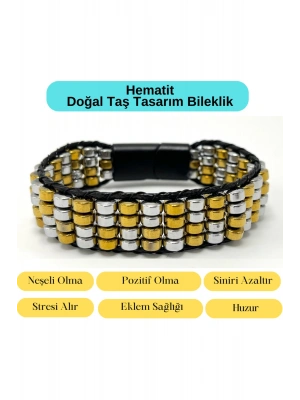 Sertifikalı Hematit Doğal Taş Tasarım Erkek Bileklik Gümüş ve Gold Renk 2li Dizim