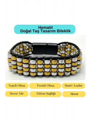 Sertifikalı Hematit Doğal Taş Tasarım Erkek Bileklik Gümüş ve Gold Renk Tekli Dizim