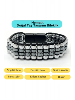 Sertifikalı Hematit Doğal Taş Tasarım Erkek Bileklik Gümüş ve Siyah Renk
