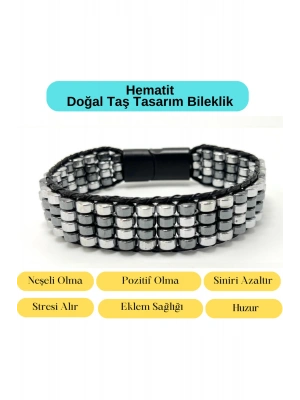 Sertifikalı Hematit Doğal Taş Tasarım Erkek Bileklik Gümüş ve Siyah Renk 2li Asimetrik Dizim
