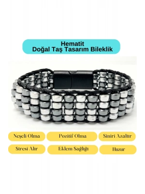 Sertifikalı Hematit Doğal Taş Tasarım Erkek Bileklik Gümüş ve Siyah Renk 2li Dizim