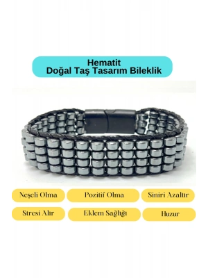 Sertifikalı Hematit Doğal Taş Tasarım Erkek Bileklik Siyah Renk