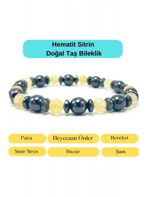 Sertifikalı Hematit Sitrin Doğal Taş Elastik Misinalı Bileklik 8mm