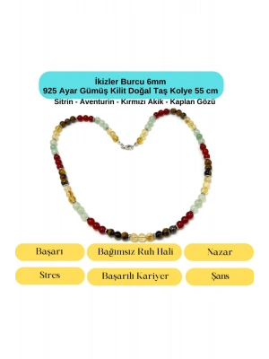 SERTİFİKALI İkizler Burcu 6mm 925 Ayar Gümüş Doğal Taş Kolye 55 cm