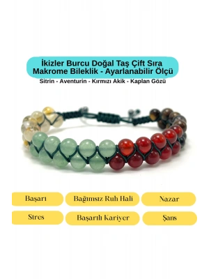 SERTİFİKALI İkizler Burcu Doğal Taş Çift Sıra Makrome Bileklik