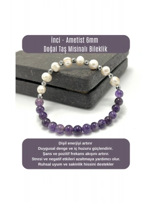 SERTİFİKALI İnci - Ametist 6mm Doğal Taş Misinalı Bileklik