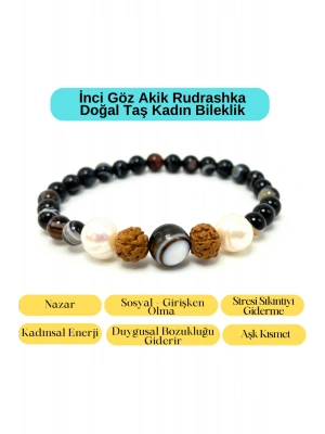 Sertifikalı İnci - Göz Akik - Rudrashka Doğal Taş Kadın Bileklik Misinalı