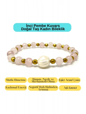 Sertifikalı İnci - Pembe Kuvars Doğal Taş Kadın Bileklik Misinalı