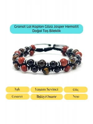 SERTİFİKALI Jasper Granat Lal Kaplan Gözü Çift Sıra Makrome Ayarlanabilir Ölçü Doğal Taş Bileklik