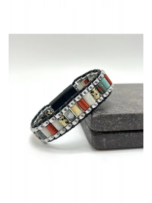 Sertifikalı Jasper Kan T. Ay T. Amazonit  Hematit Silindir Kesim Kilitli Doğal Taş Erkek Bileklik