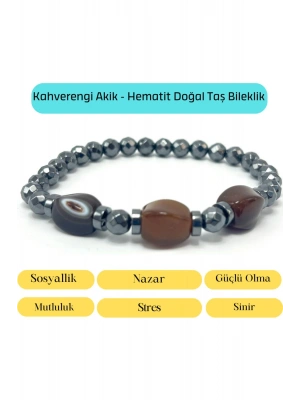 Sertifikalı Kahverengi Akik ve Hematit Doğal Taş Bileklik