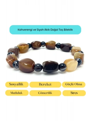 Sertifikalı Kahverengi ve Siyah Akik Doğal Taş Bileklik