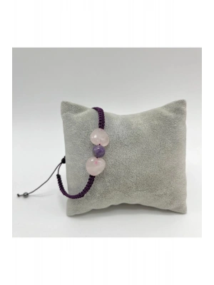 Sertifikalı Kalp Şekilli Pembe Kuvars ve Ametist El Yapımı Makrome Doğal Taş Bileklik