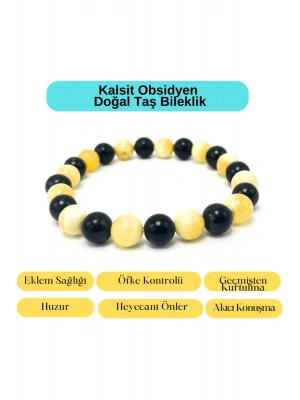 Sertifikalı Kalsit Obsidyen Doğal Taş Misinalı Bileklik 8mm