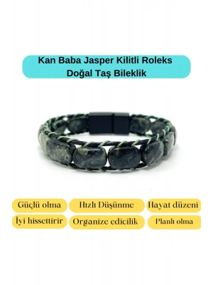 Sertifikalı Kan Baba Jasper Kilit Kapama Roleks Doğal Taş Deri Bileklik