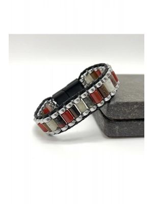 Sertifikalı Kan T. Akik Kaplan Gözü Ay Taşı Hematit Silindir Kesim Kilitli Doğal Taş  Erkek Bileklik