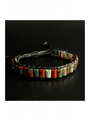 SERTİFİKALI Kan Taşı Silindir Kesim Makrome Doğal Taş Deri Bileklik Unisex