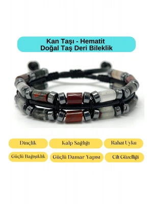 Sertifikalı Kan Taşı ve Hematit Makrome Doğal Taş Deri Erkek Bileklik