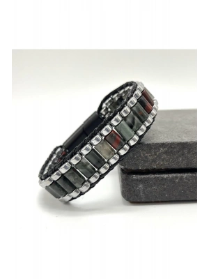 Sertifikalı Kan Taşı ve Hematit Silindir Kesim Kilitli Doğal Taş Deri Erkek Bileklik