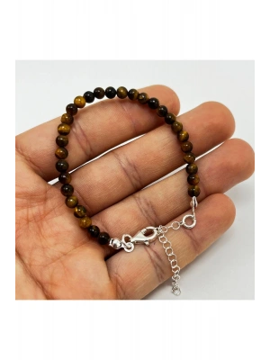 SERTİFİKALI Kaplan Gözü 4mm 925 Ayar Gümüş Doğal Taş Bileklik Uzatma Zincirli