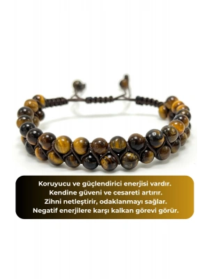 SERTİFİKALI Kaplan Gözü Çift Sıra Doğal Taş Makrome Bileklik Ayarlanabilir Ölçü