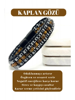 Sertifikalı Kaplan Gözü Disk Model Doğal Taş Erkek Bileklik Kilitli Kapama