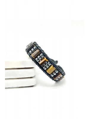 Sertifikalı Kaplan Gözü Doğal Taş Şık Görünümlü Erkek Bileklik Makrome Ayarlanabilir Ölçü