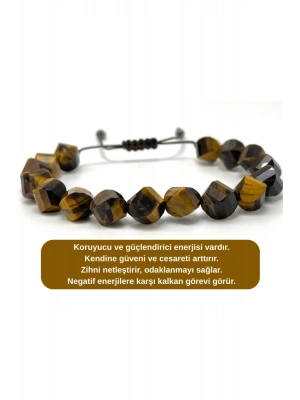 SERTİFİKALI Kaplan Gözü Hexonal Kesim Makrome Doğal Taş Bileklik 8mm