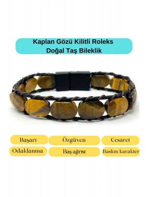 Sertifikalı Kaplan Gözü Kilit Kapama Roleks Doğal Taş Deri Bileklik