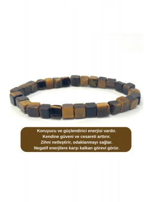 SERTİFİKALI Kaplan Gözü Küp Kesim Lastikli Doğal Taş Bileklik 6mm