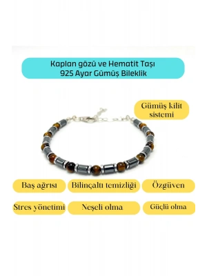 Sertifikalı Kaplan Gözü ve Hematit  925 Ayar Doğal Taş Gümüş Bileklik 4mm