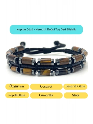 Sertifikalı Kaplan Gözü ve Hematit Makrome Doğal Taş Deri Erkek Bileklik