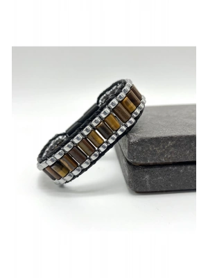 Sertifikalı Kaplan Gözü ve Hematit Silindir Kesim Kilitli Doğal Taş Deri Erkek Bileklik