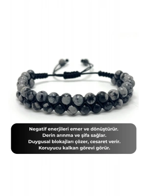 SERTİFİKALI Karlı Obsidyen Çift Sıra Doğal Taş Makrome Bileklik Ayarlanabilir Ölçü