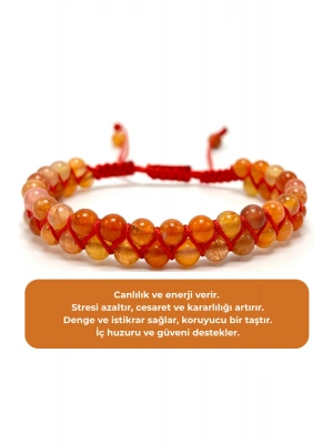 SERTİFİKALI Karnelyan Akik Çift Sıra Doğal Taş Makrome Bileklik Ayarlanabilir Ölçü