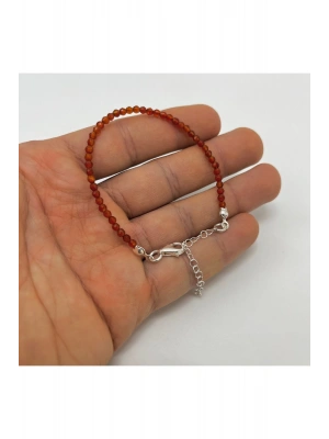 SERTİFİKALI Kırmızı Akik 3mm 925 Ayar Gümüş Doğal Taş Bileklik Uzatma Zincirli