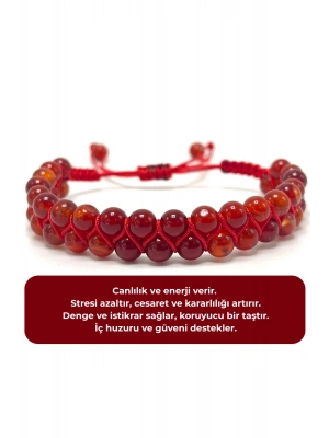 SERTİFİKALI Kırmızı Akik Çift Sıra Doğal Taş Makrome Bileklik Ayarlanabilir Ölçü