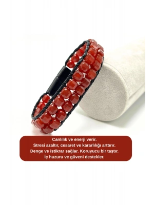 SERTİFİKALI Kırmızı Akik Çift Sıra Küp Kesim Kilitli Doğal Taş Bileklik 6mm Taş
