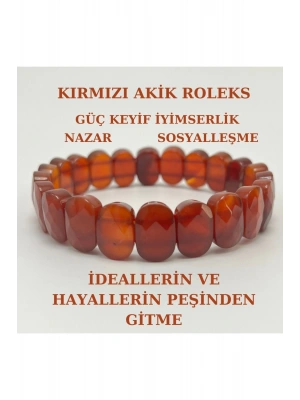 Sertifikalı Kırmızı Akik Doğal Taş Roleks Bileklik