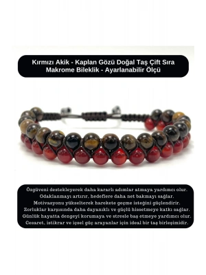 SERTİFİKALI Kırmızı Akik - Kaplan Gözü Doğal Taş Çift Sıra Makrome Bileklik