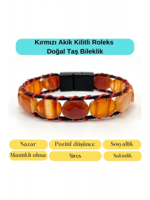 Sertifikalı Kırmızı Akik Kilit Kapama Roleks Doğal Taş Deri Bileklik