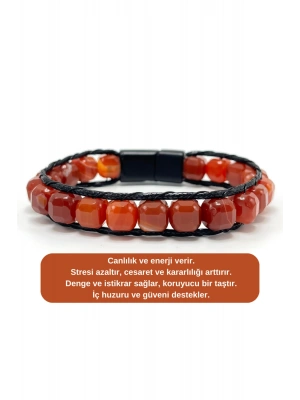 SERTİFİKALI Kırmızı Akik Küp Kesim Kilitli Doğal Taş Bileklik 8 mm