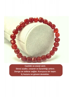 SERTİFİKALI Kırmızı Akik Küp Kesim Lastikli Doğal Taş Bileklik 6mm