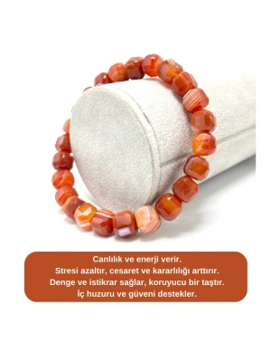 SERTİFİKALI Kırmızı Akik Küp Kesim Lastikli Doğal Taş Bileklik 8 mm