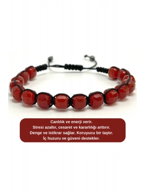SERTİFİKALI Kırmızı Akik Küp Kesim Makrome Doğal Taş Bileklik 6mm