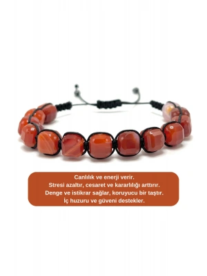 SERTİFİKALI Kırmızı Akik Küp Kesim Makrome Doğal Taş Bileklik 8 mm