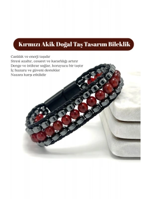 Sertifikalı Kırmızı Akik Taşı Erkek Bileklik – Çelik Kilitli, Doğal Taş Tasarım, Şık ve Özgün